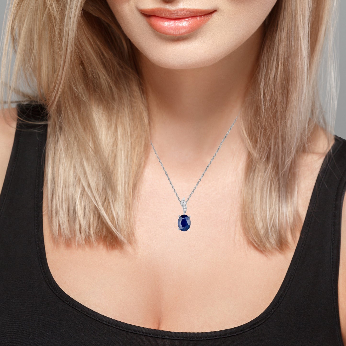 10k White Gold Genuine Oval Sapphire and Diamond Pendant Necklace