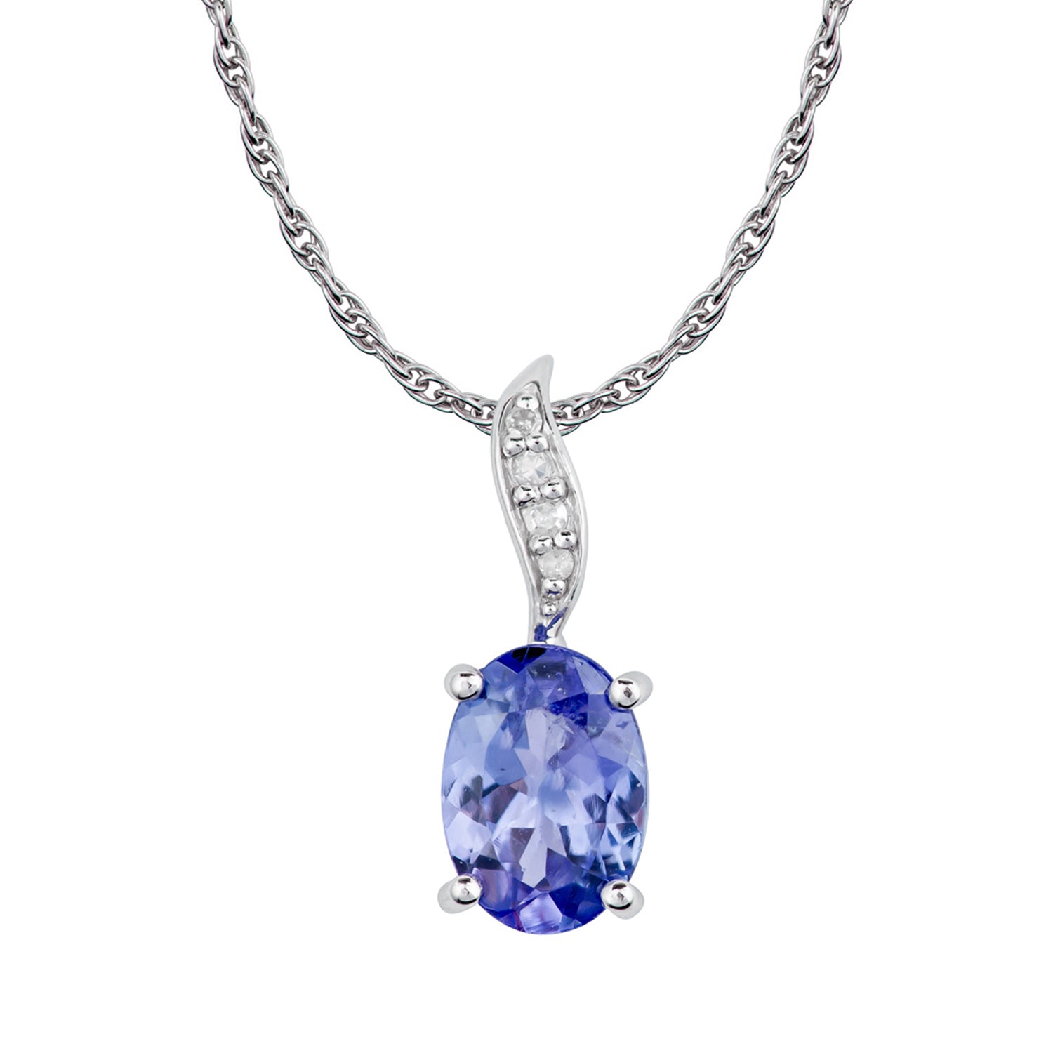 10k White Gold Genuine Oval Tanzanite and Diamond Pendant Necklace