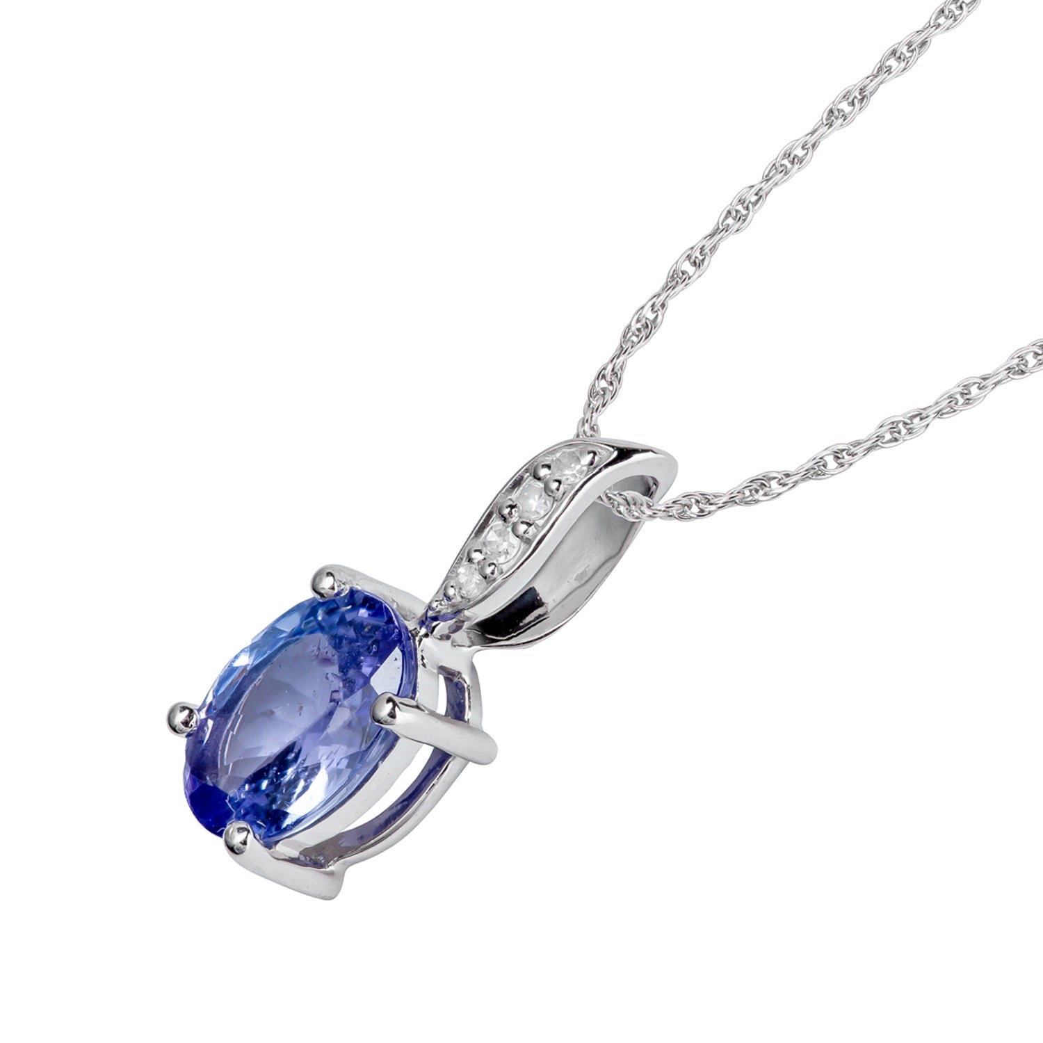 10k White Gold Genuine Oval Tanzanite and Diamond Pendant Necklace