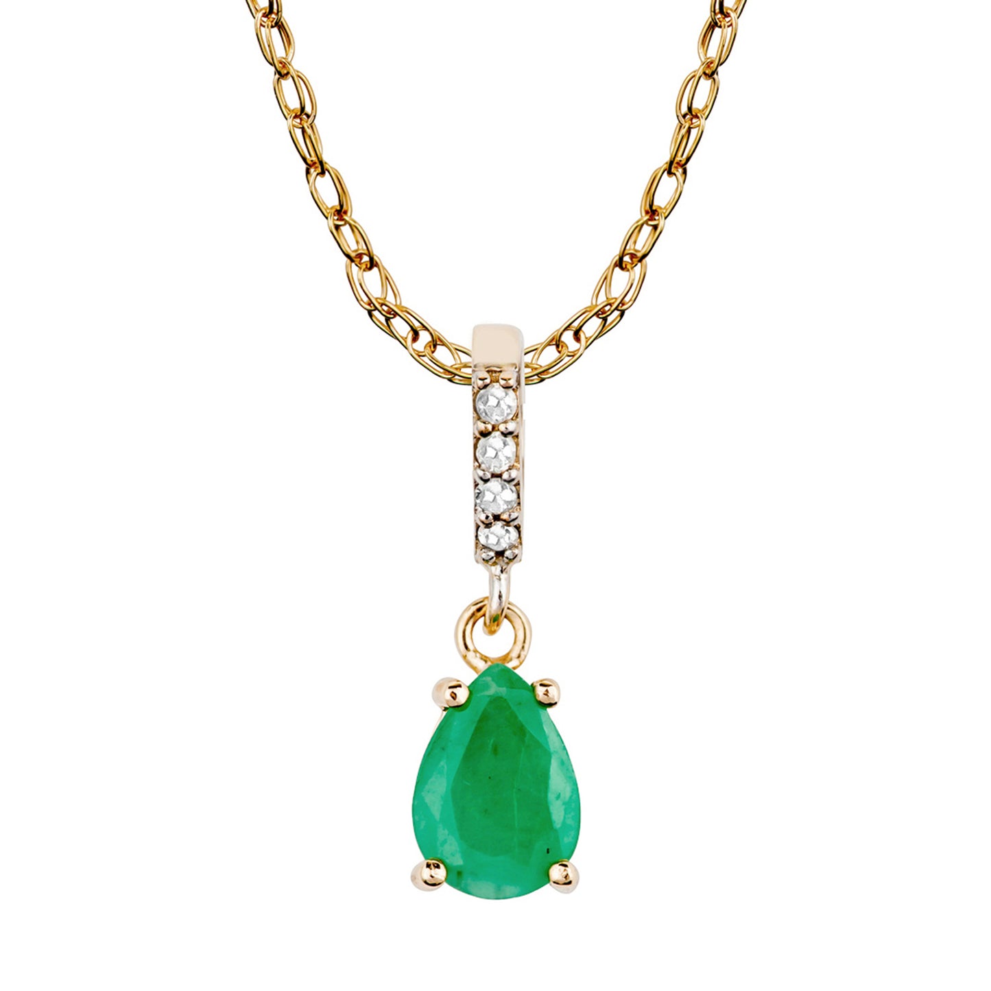 10k Yellow Gold Genuine Pear Shape Emerald and Diamond Drop Pendant Necklace