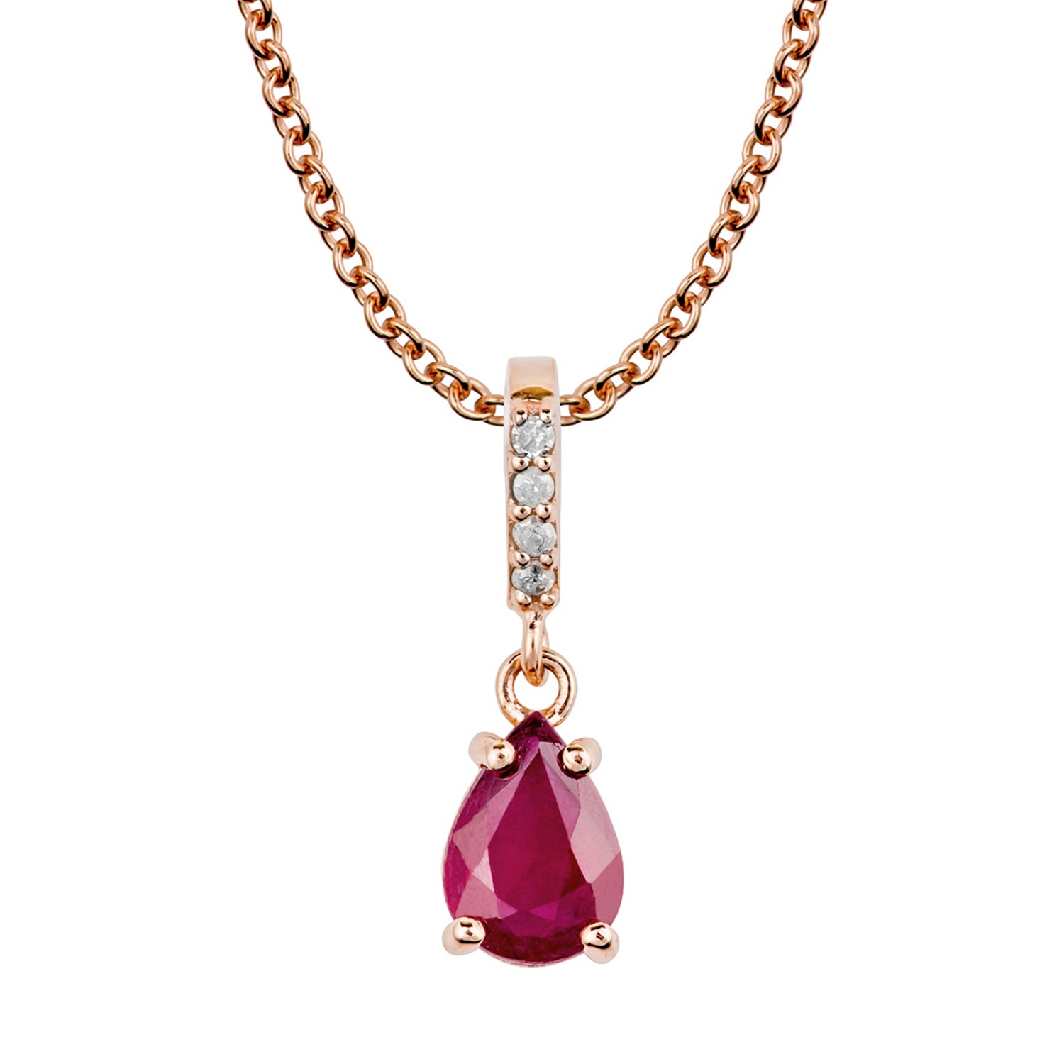 10k Rose Gold Genuine Pear Shape Ruby and Diamond Drop Pendant Necklace