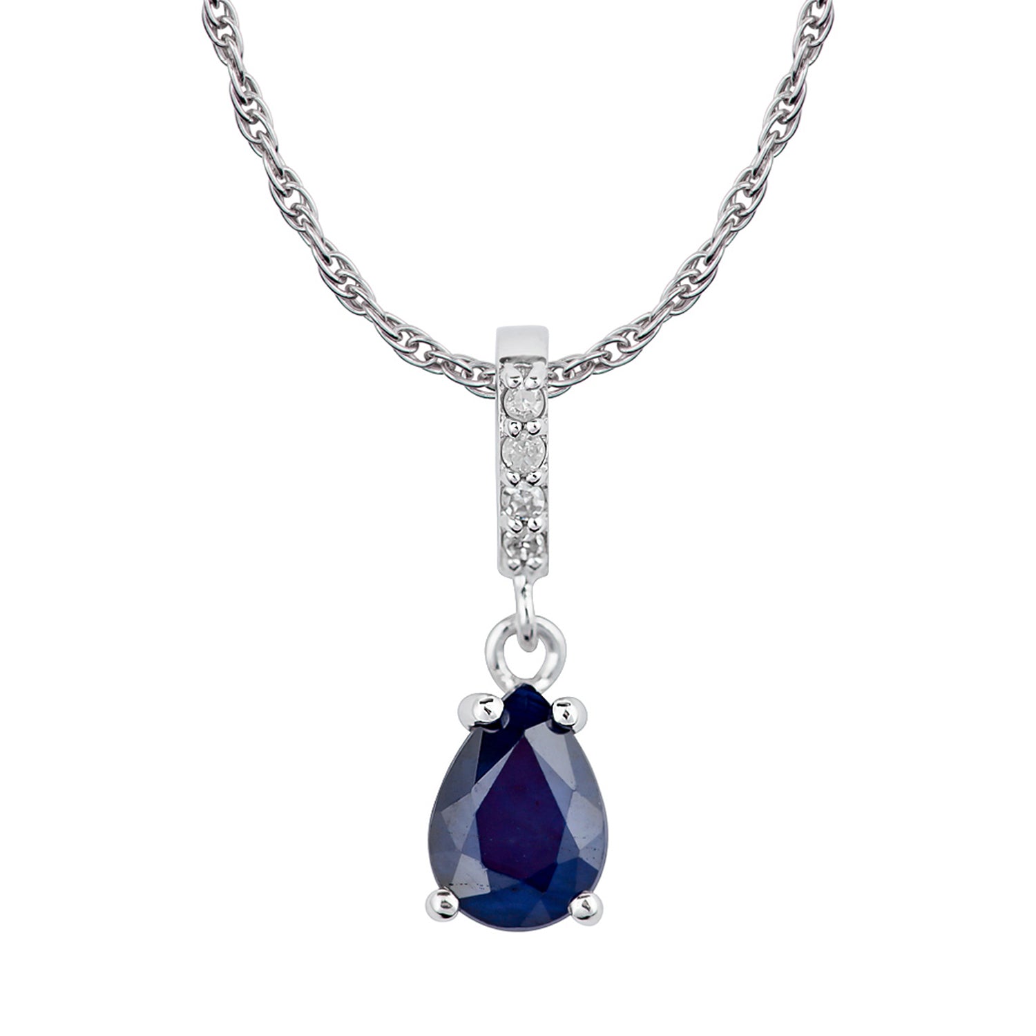 10k White Gold Genuine Pear Shape Sapphire and Diamond Drop Pendant Necklace