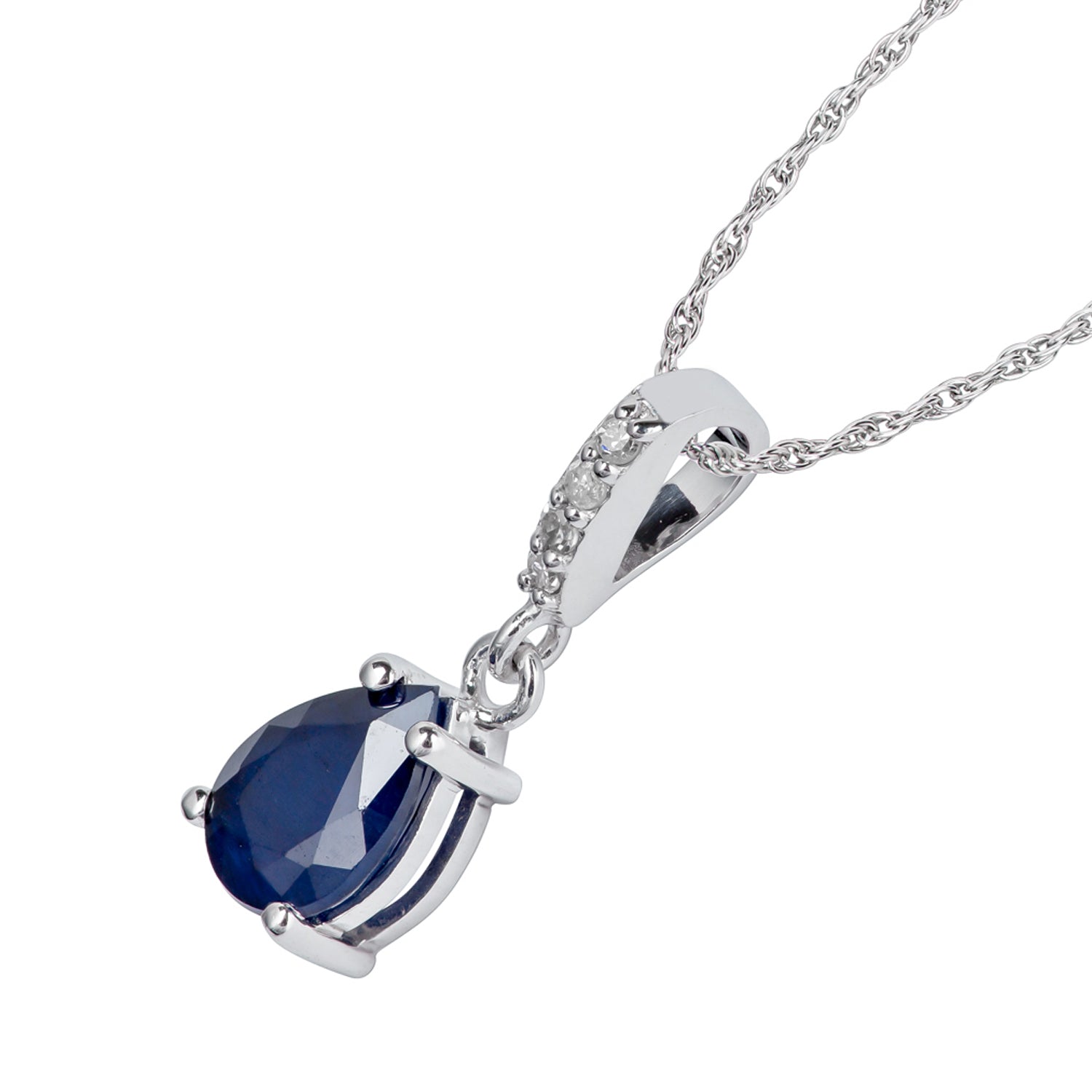 10k White Gold Genuine Pear Shape Sapphire and Diamond Drop Pendant Necklace