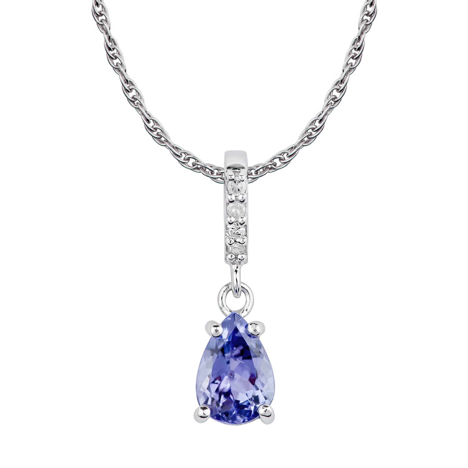 10k White Gold Genuine Pear Shape Tanzanite and Diamond Drop Pendant Necklace