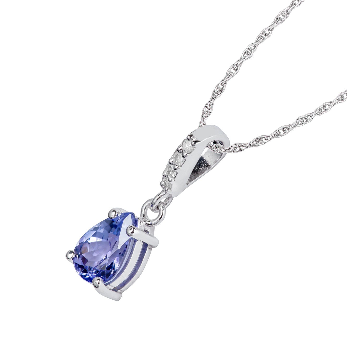 10k White Gold Genuine Pear Shape Tanzanite and Diamond Drop Pendant Necklace