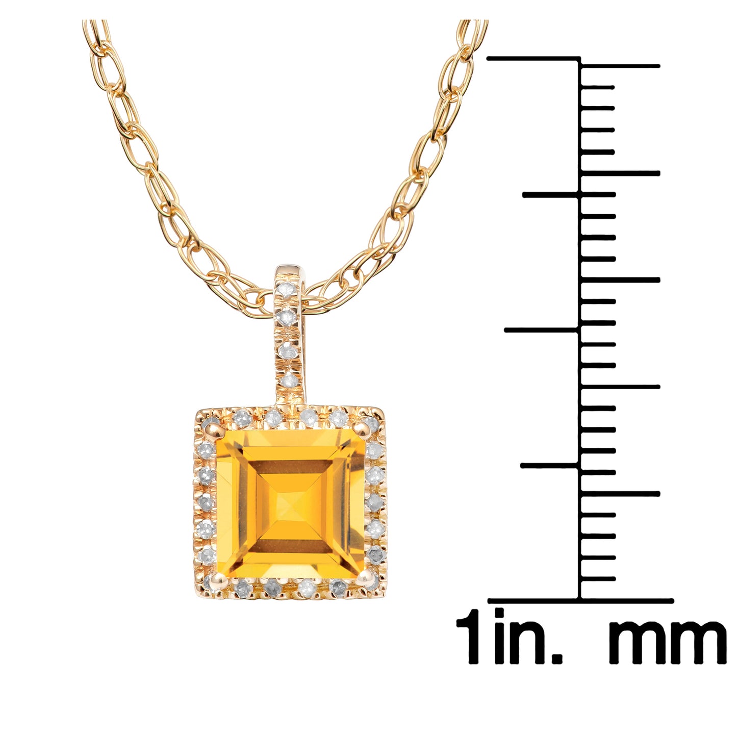 10k Yellow Gold Genuine Princess Citrine and Diamond Halo Necklace