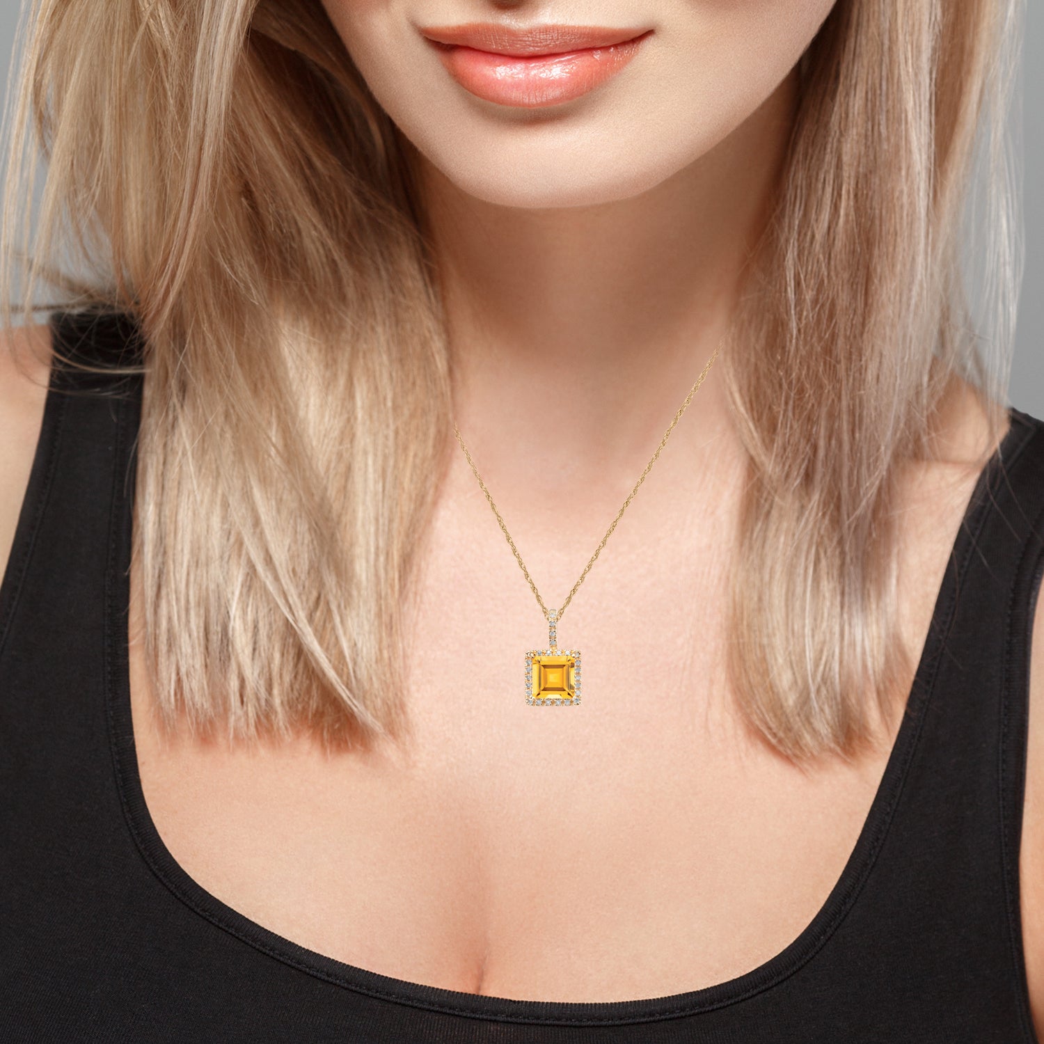 10k Yellow Gold Genuine Princess Citrine and Diamond Halo Necklace