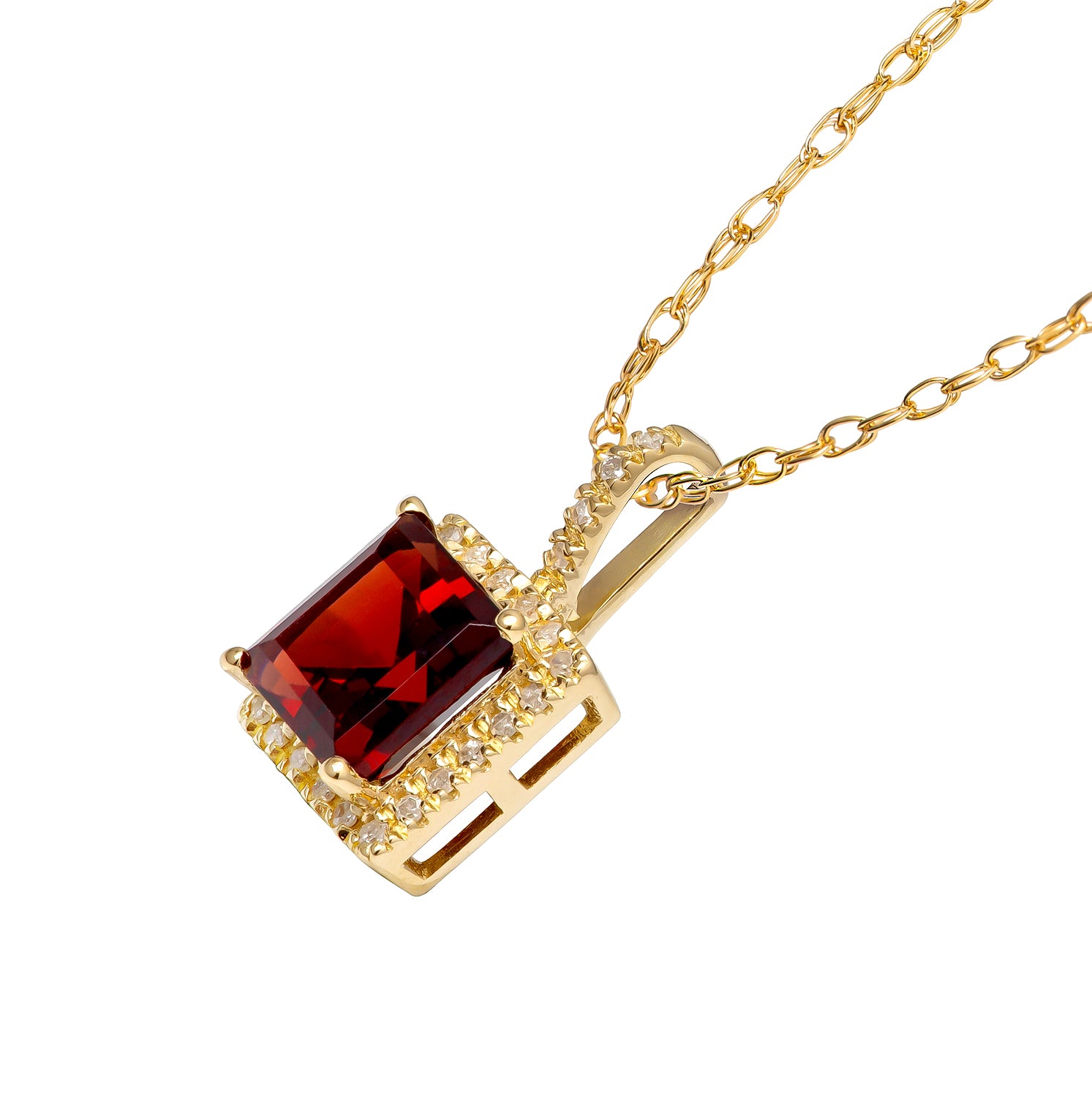 10k Yellow Gold Genuine Princess Garnet and Diamond Halo Necklace