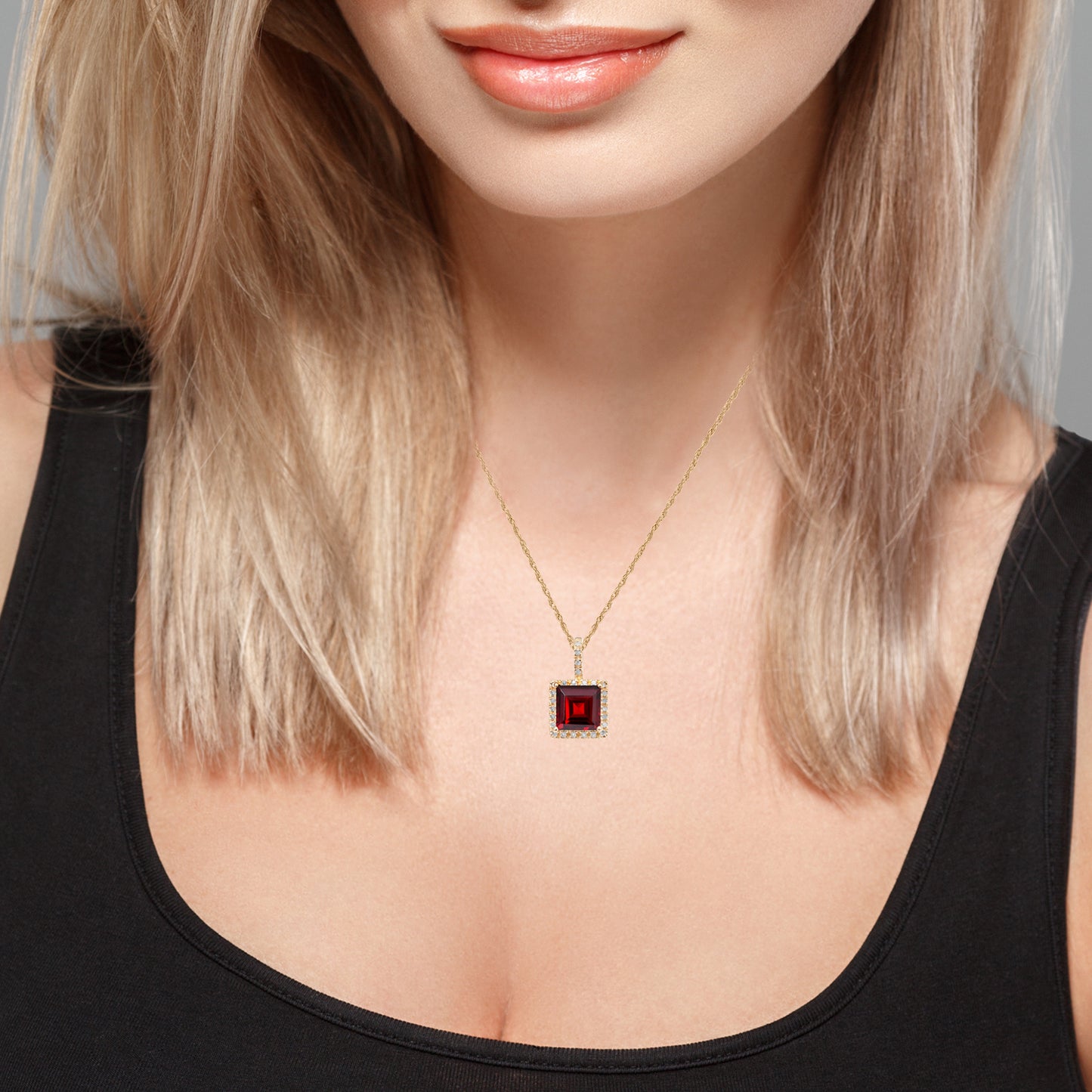 10k Yellow Gold Genuine Princess Garnet and Diamond Halo Necklace