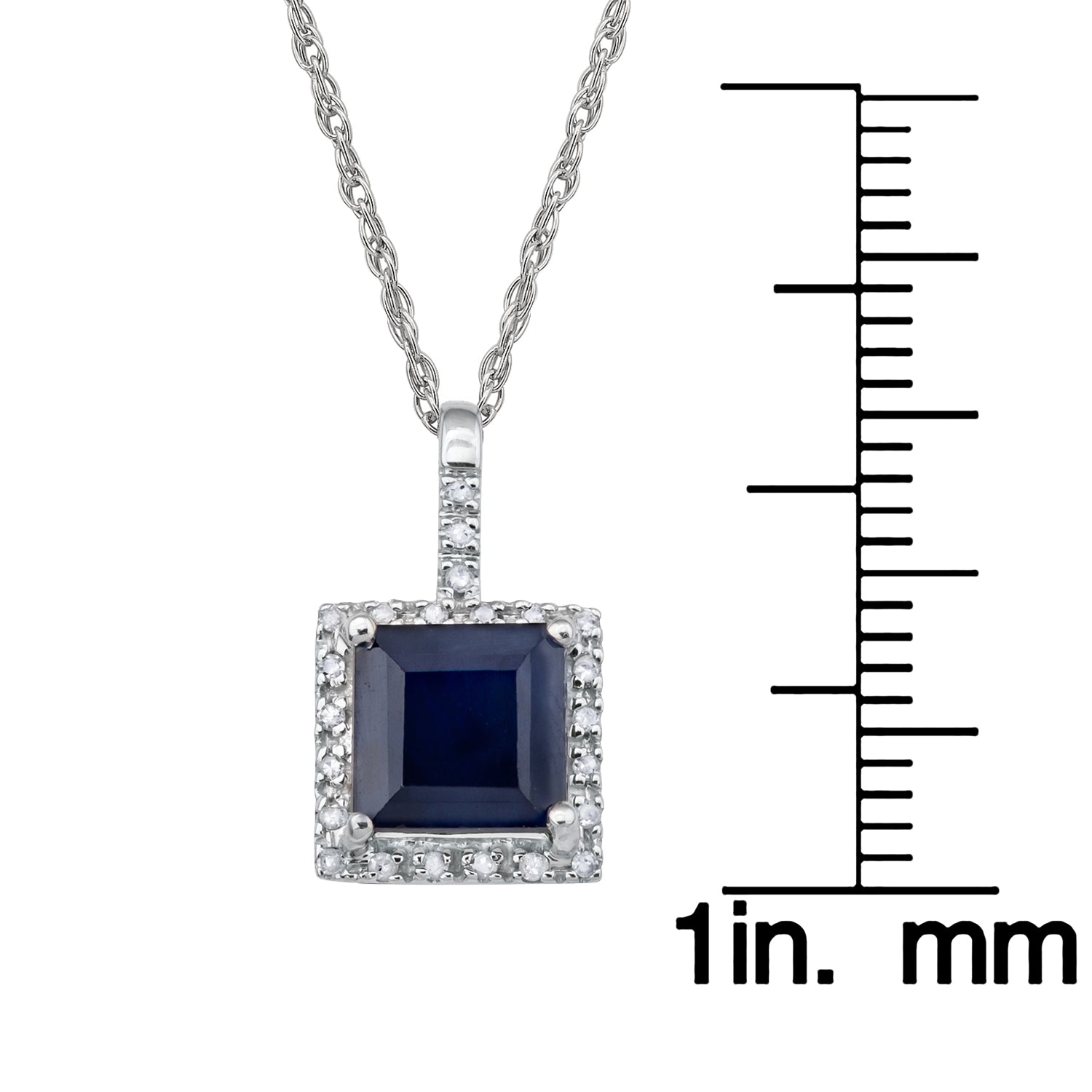 10k White Gold Princess Sapphire and Diamond Halo Pendant Necklace