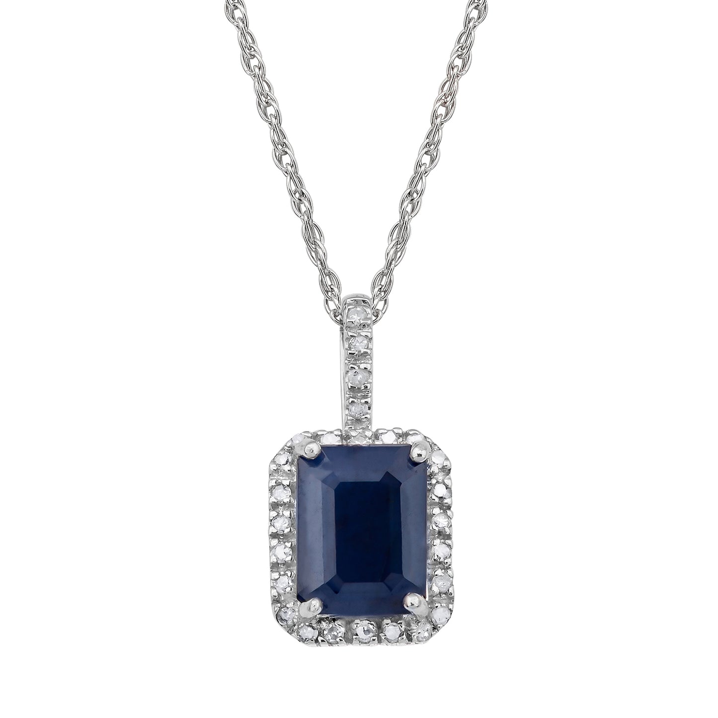 10k White Gold Emerald Cut Sapphire and Diamond Halo Pendant Necklace