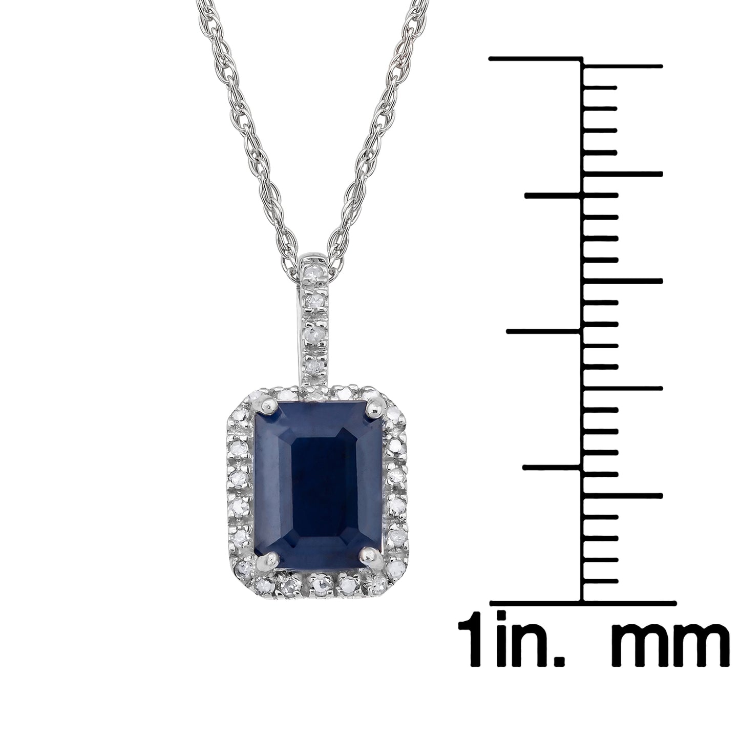 10k White Gold Emerald Cut Sapphire and Diamond Halo Pendant Necklace