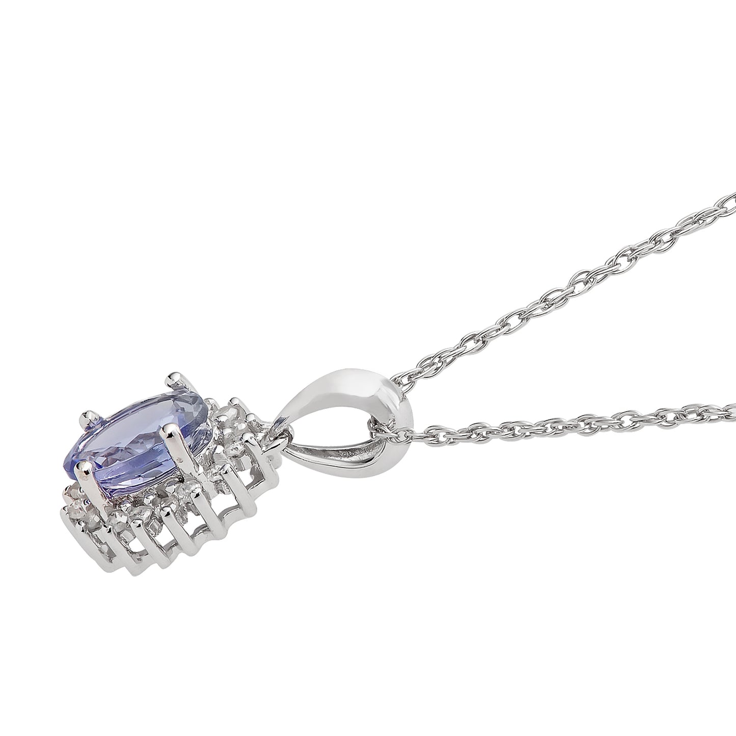 10k White Gold Oval Tanzanite and Diamond Halo Necklace