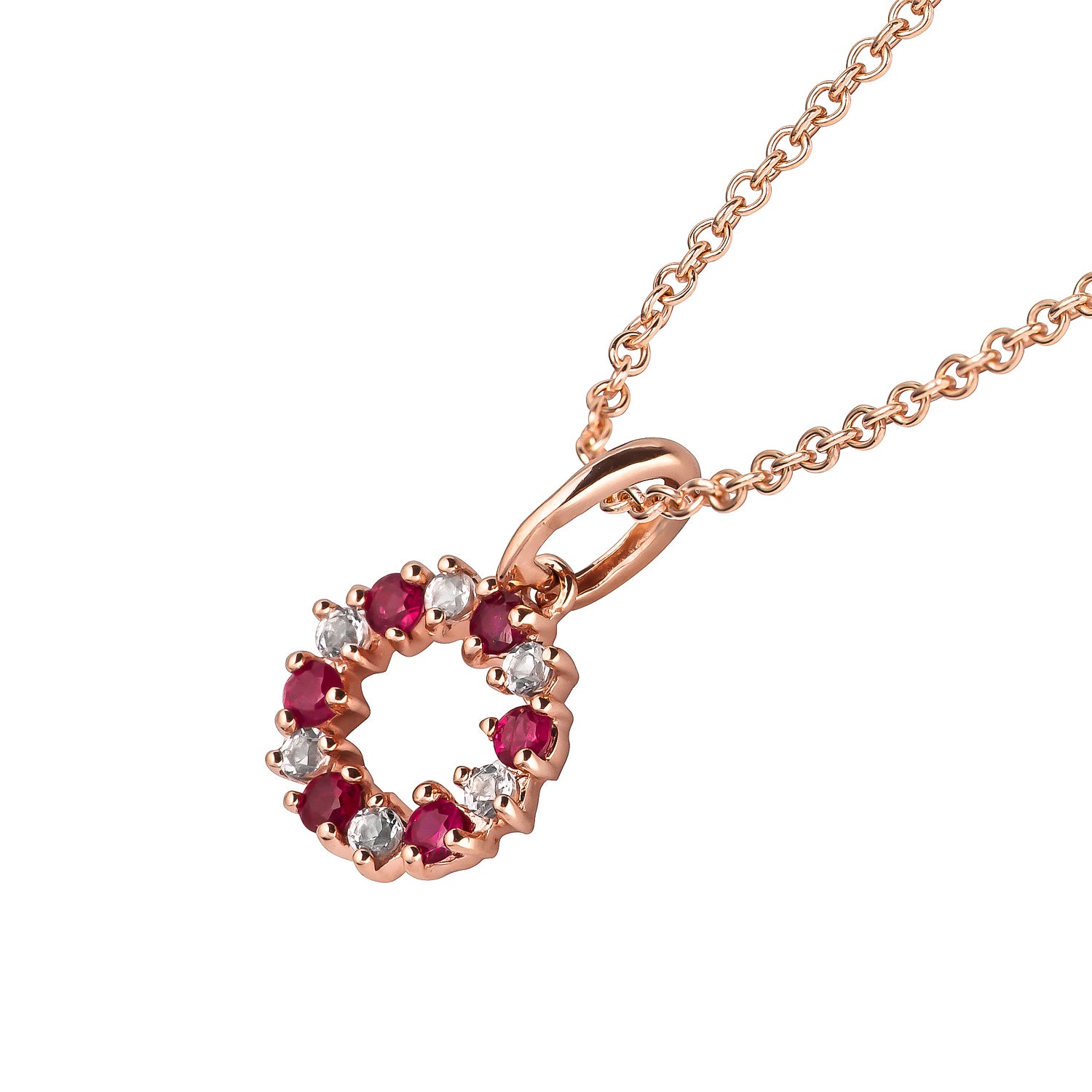 10k Rose Gold Genuine Ruby and White Topaz Petite Circle Pendant Necklace