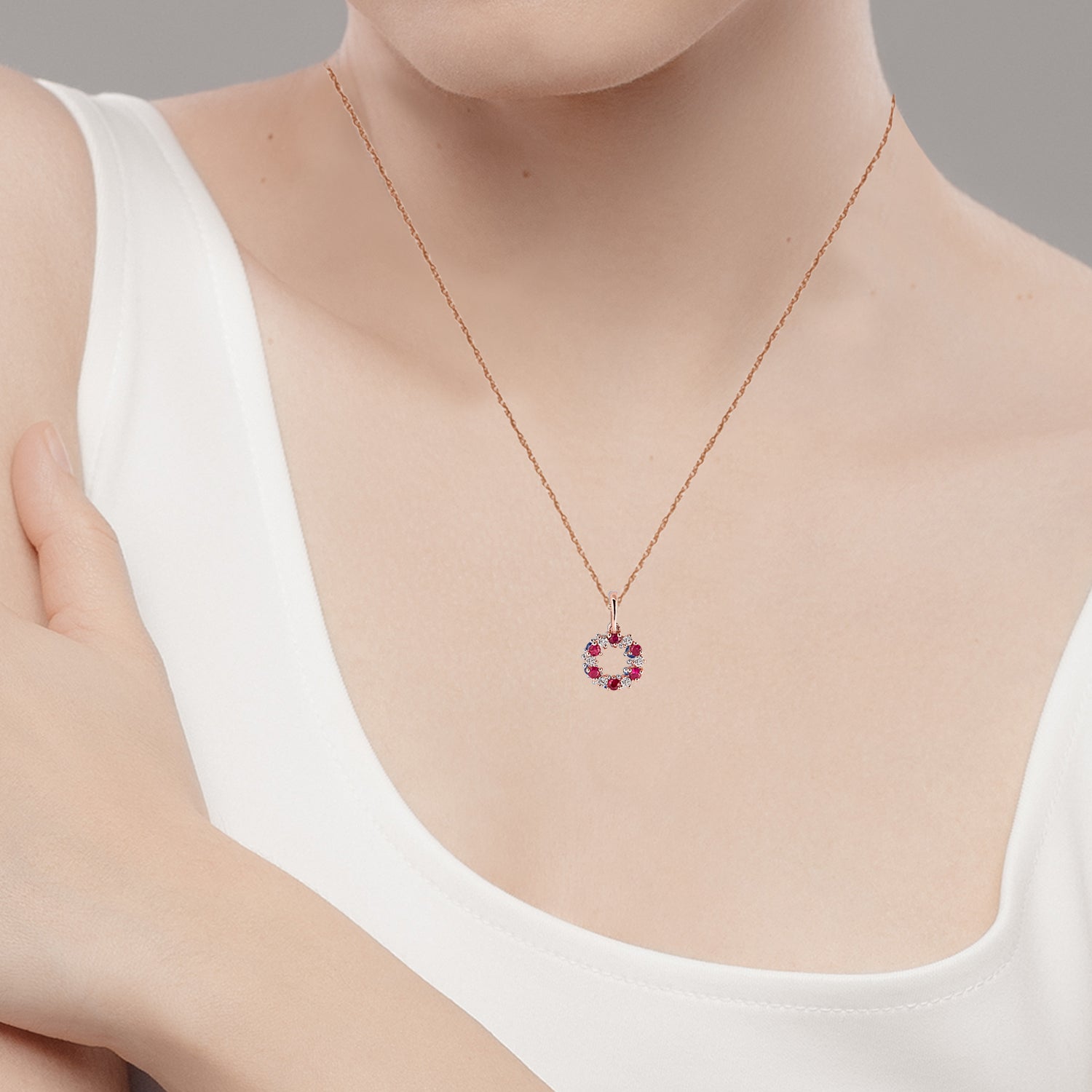 10k Rose Gold Genuine Ruby and White Topaz Petite Circle Pendant Necklace