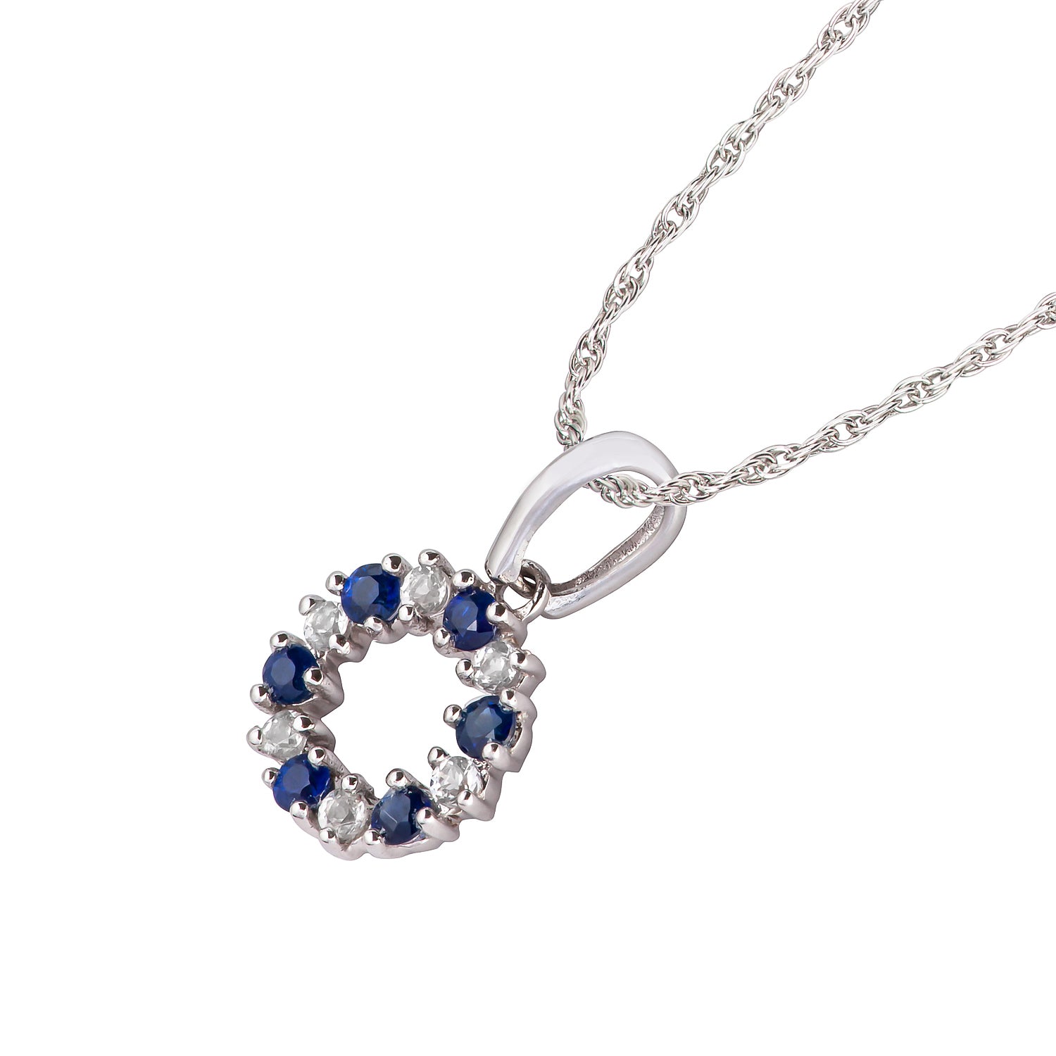 10k White Gold Genuine Sapphire and White Topaz Petite Circle Pendant Necklace