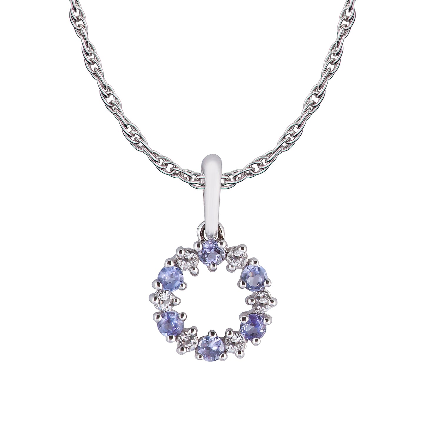 10k White Gold Genuine Tanzanite and White Topaz Petite Circle Pendant Necklace