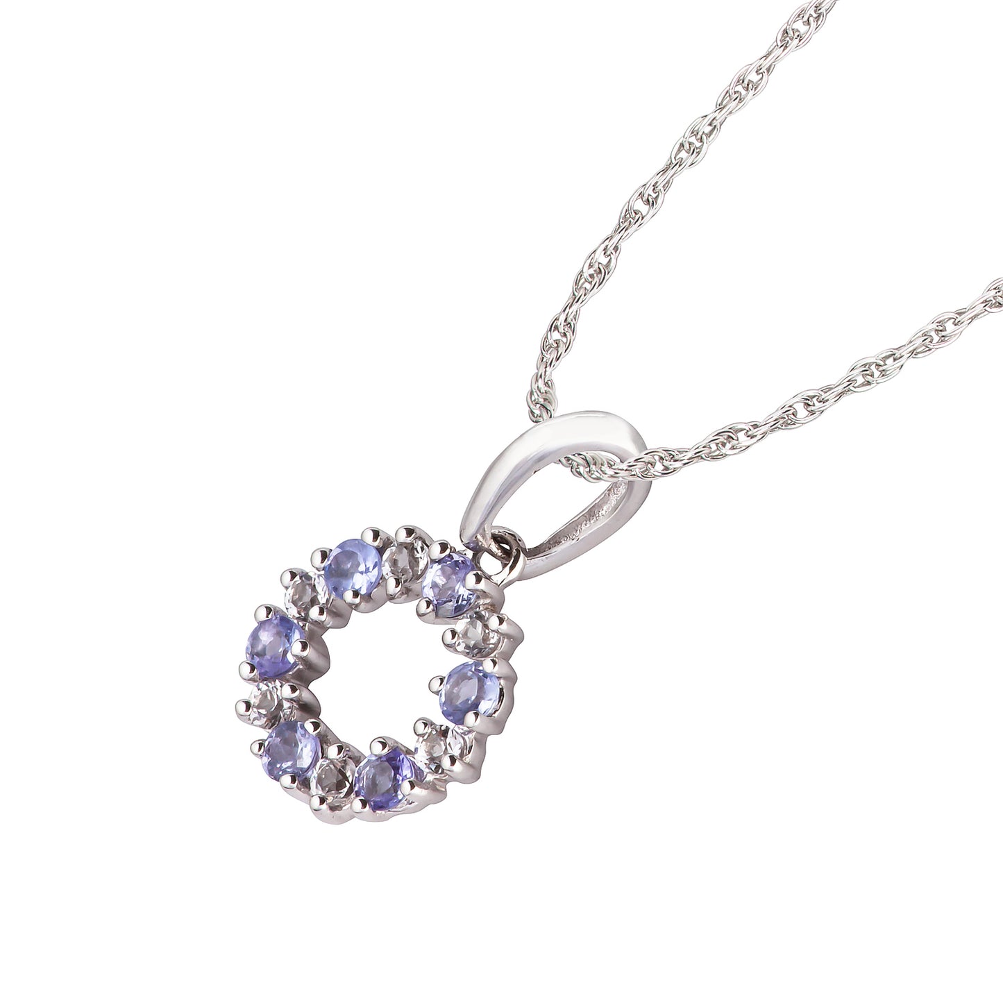 10k White Gold Genuine Tanzanite and White Topaz Petite Circle Pendant Necklace