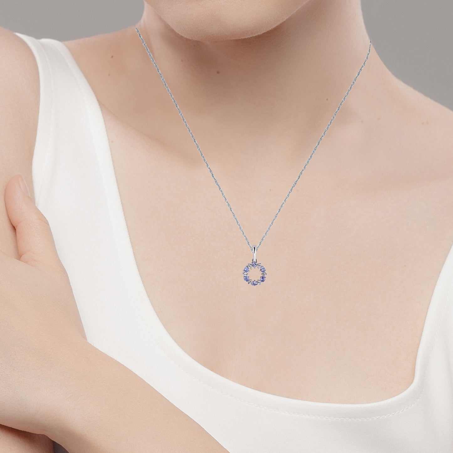 10k White Gold Genuine Tanzanite and White Topaz Petite Circle Pendant Necklace