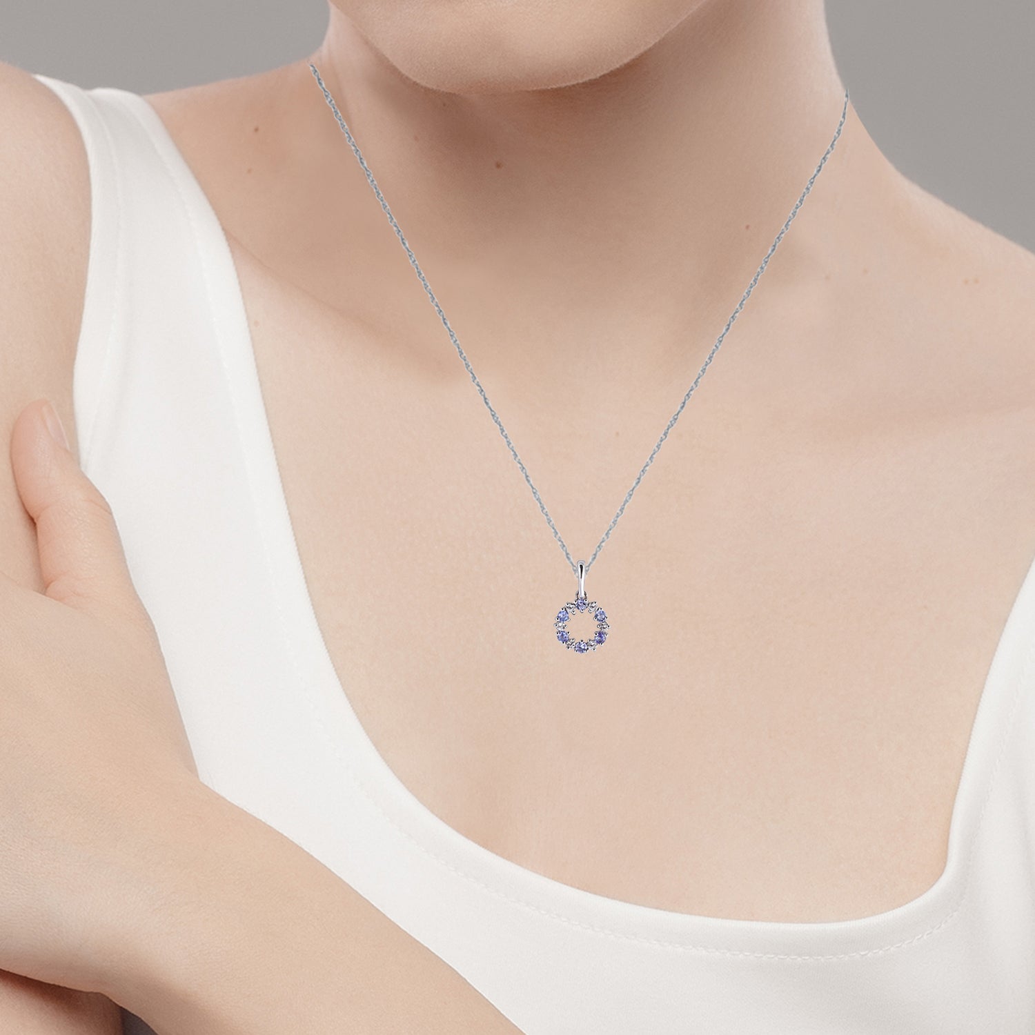 10k White Gold Genuine Tanzanite and White Topaz Petite Circle Pendant Necklace