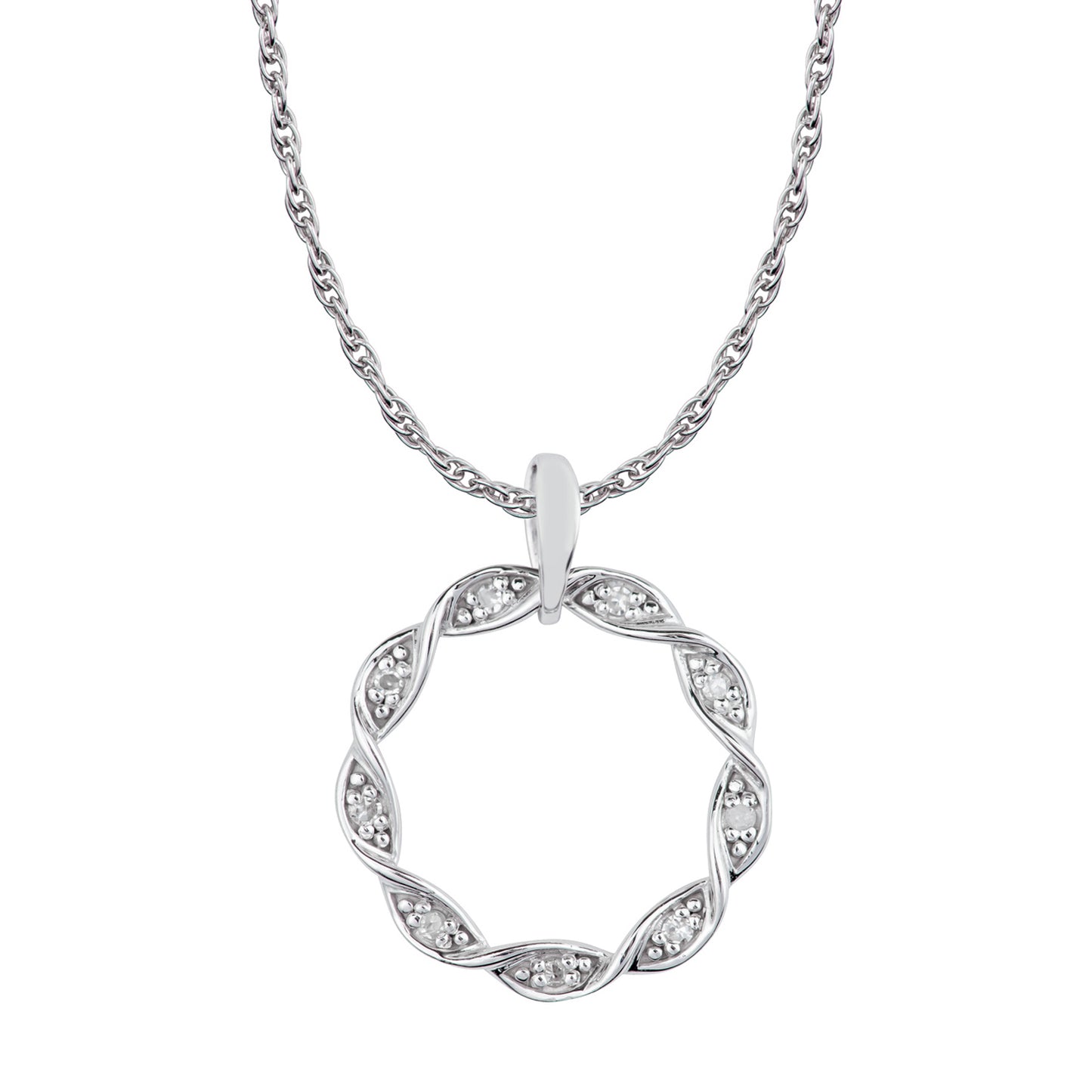 10k White Gold Braided Circle Diamond Pendant Necklace