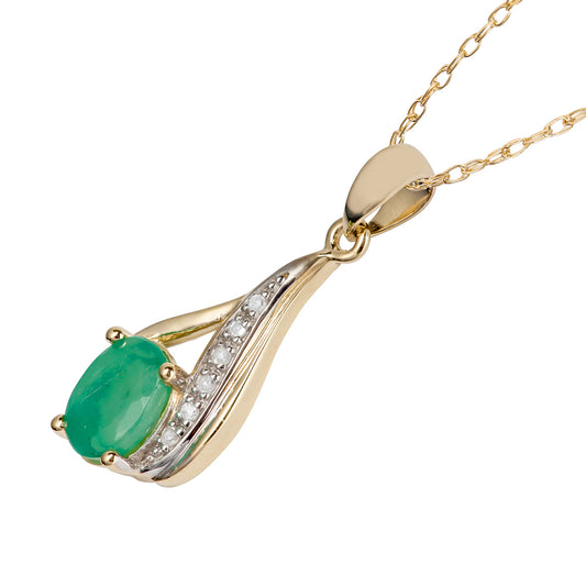 10k Yellow Gold Genuine Oval Emerald and Diamond Drop Pendant Necklace