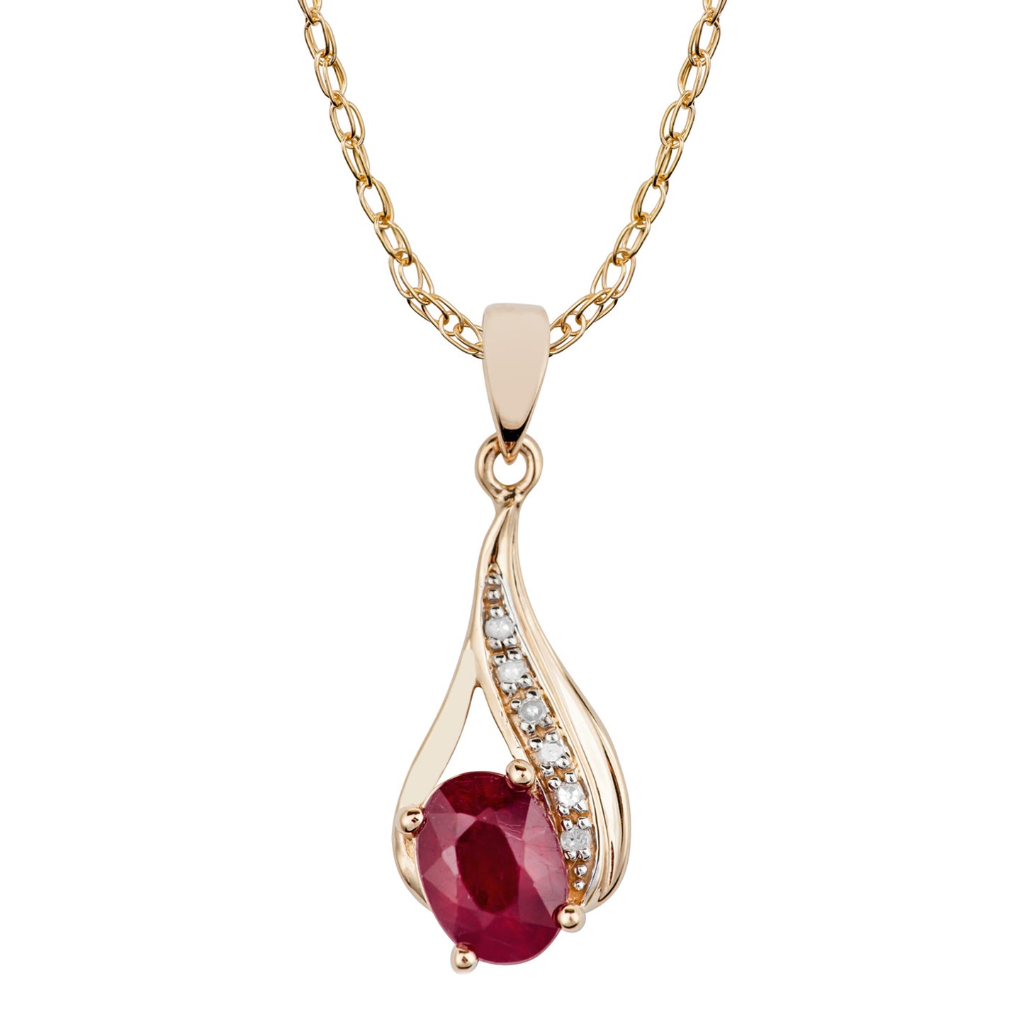 10k Yellow Gold Genuine Oval Ruby and Diamond Drop Pendant Necklace