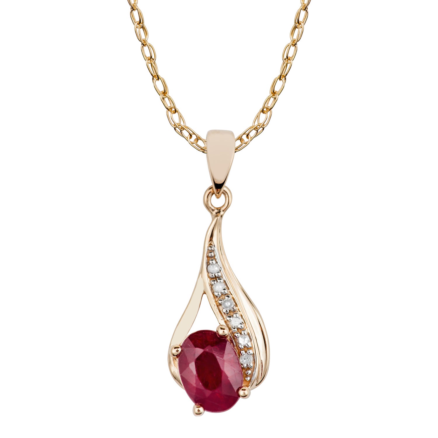 10k Yellow Gold Genuine Oval Ruby and Diamond Drop Pendant Necklace