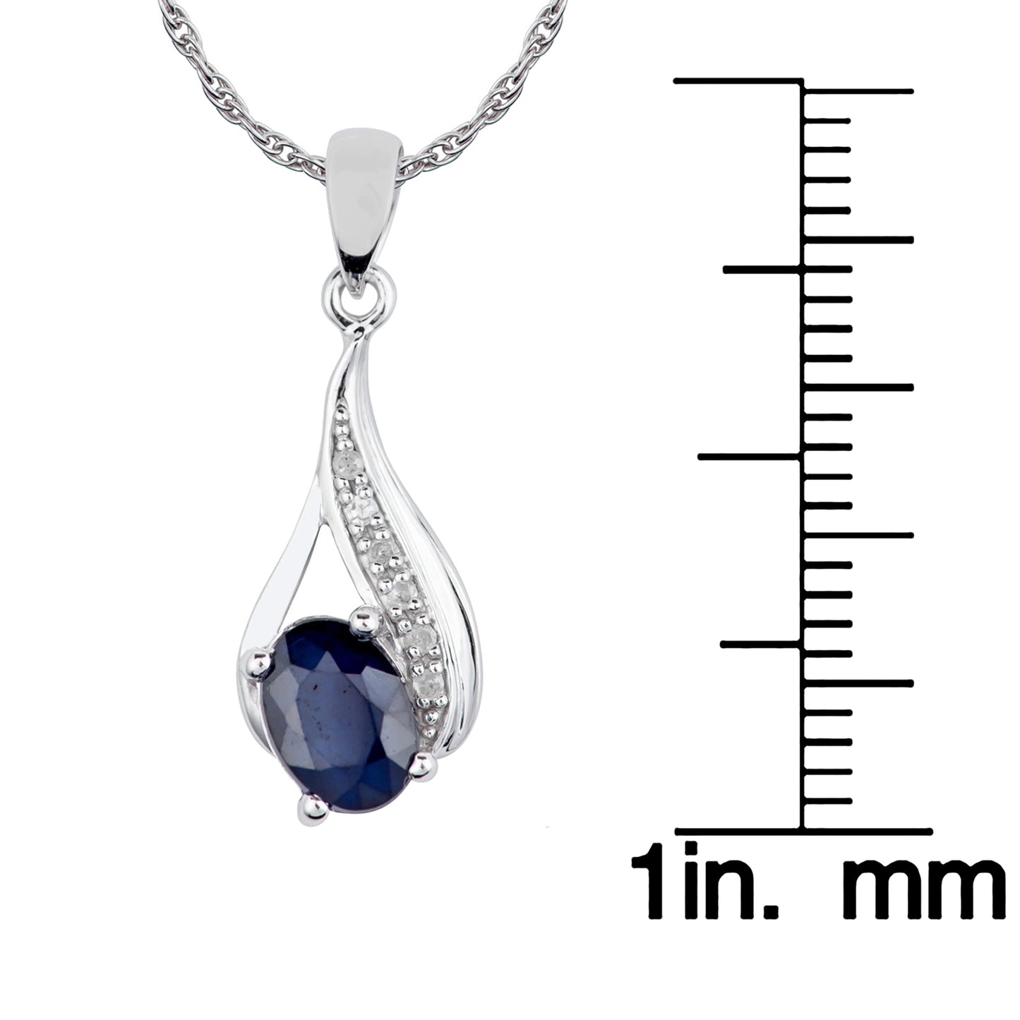 10k White Gold Genuine Oval Sapphire and Diamond Drop Pendant Necklace