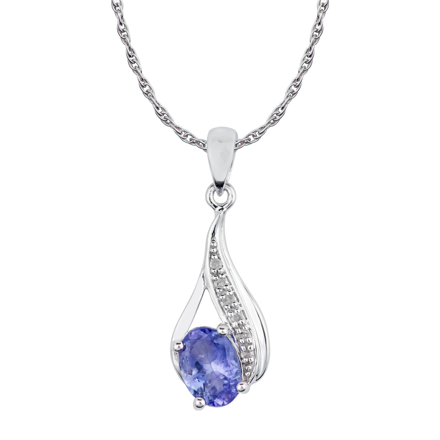 10k White Gold Genuine Oval Tanzanite and Diamond Drop Pendant Necklace