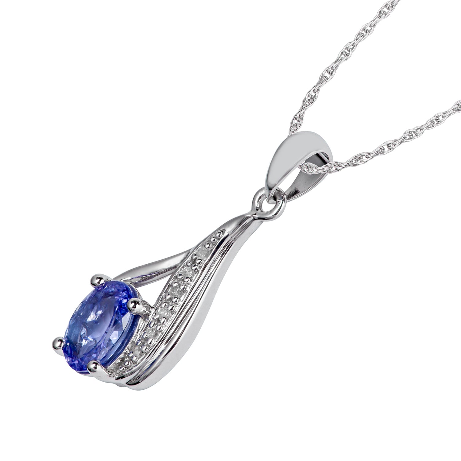 10k White Gold Genuine Oval Tanzanite and Diamond Drop Pendant Necklace