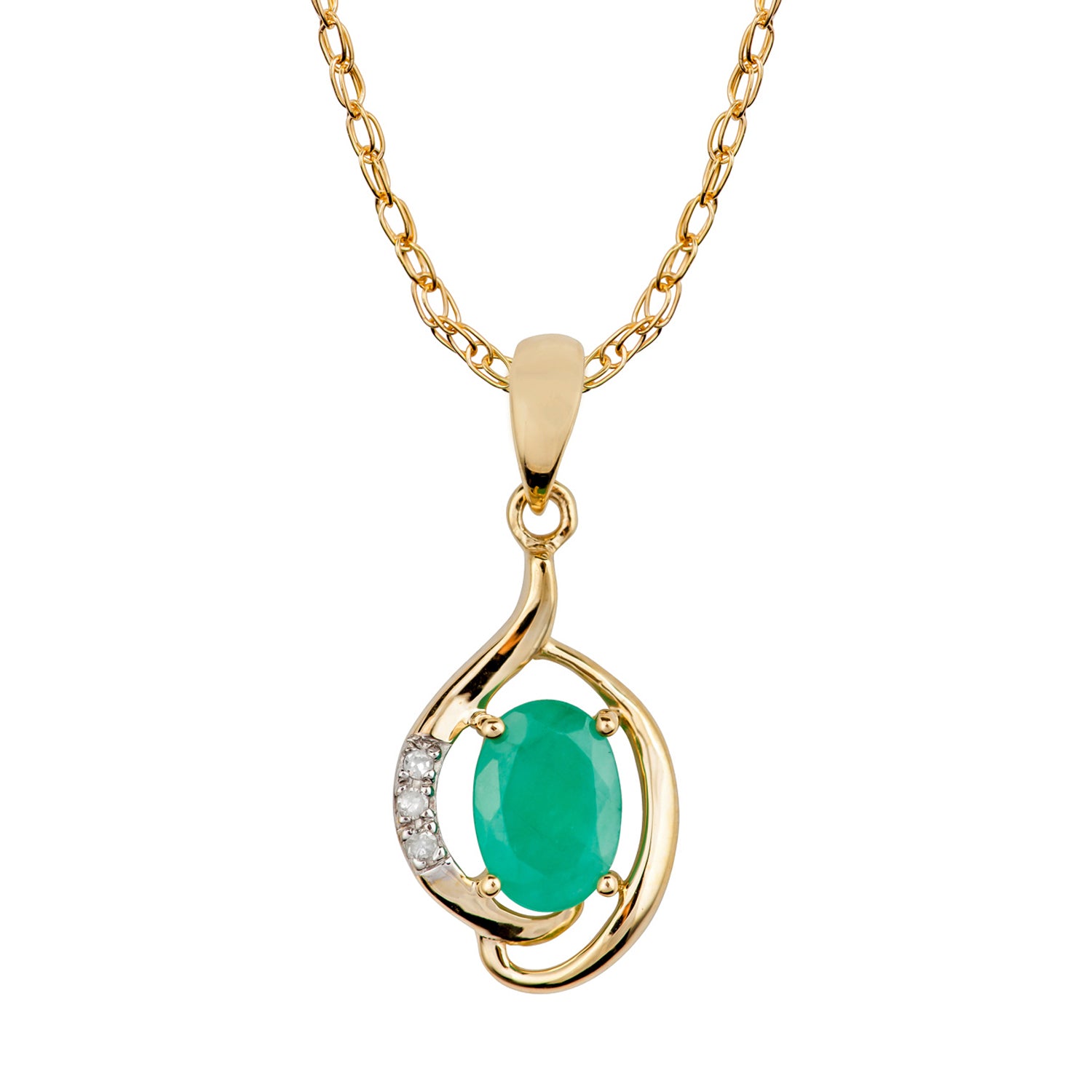 10k Yellow Gold Genuine Oval Emerald and Diamond Pendant Necklace