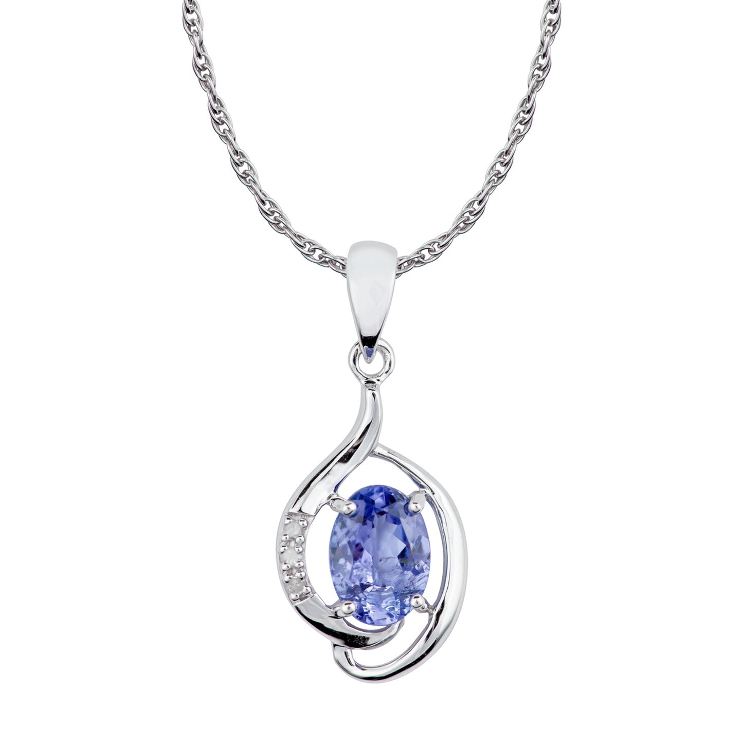 10k White Gold Genuine Oval Tanzanite and Diamond Pendant Necklace