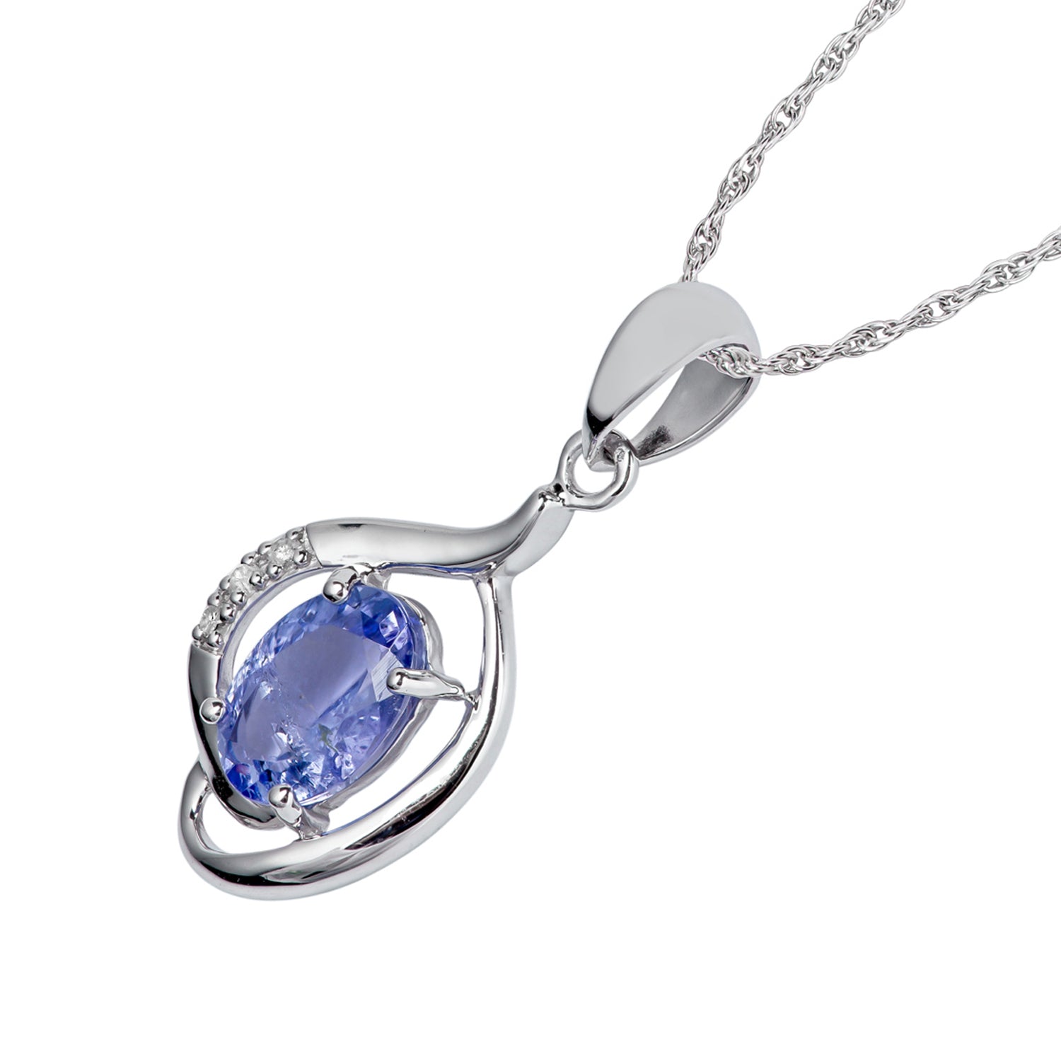 10k White Gold Genuine Oval Tanzanite and Diamond Pendant Necklace