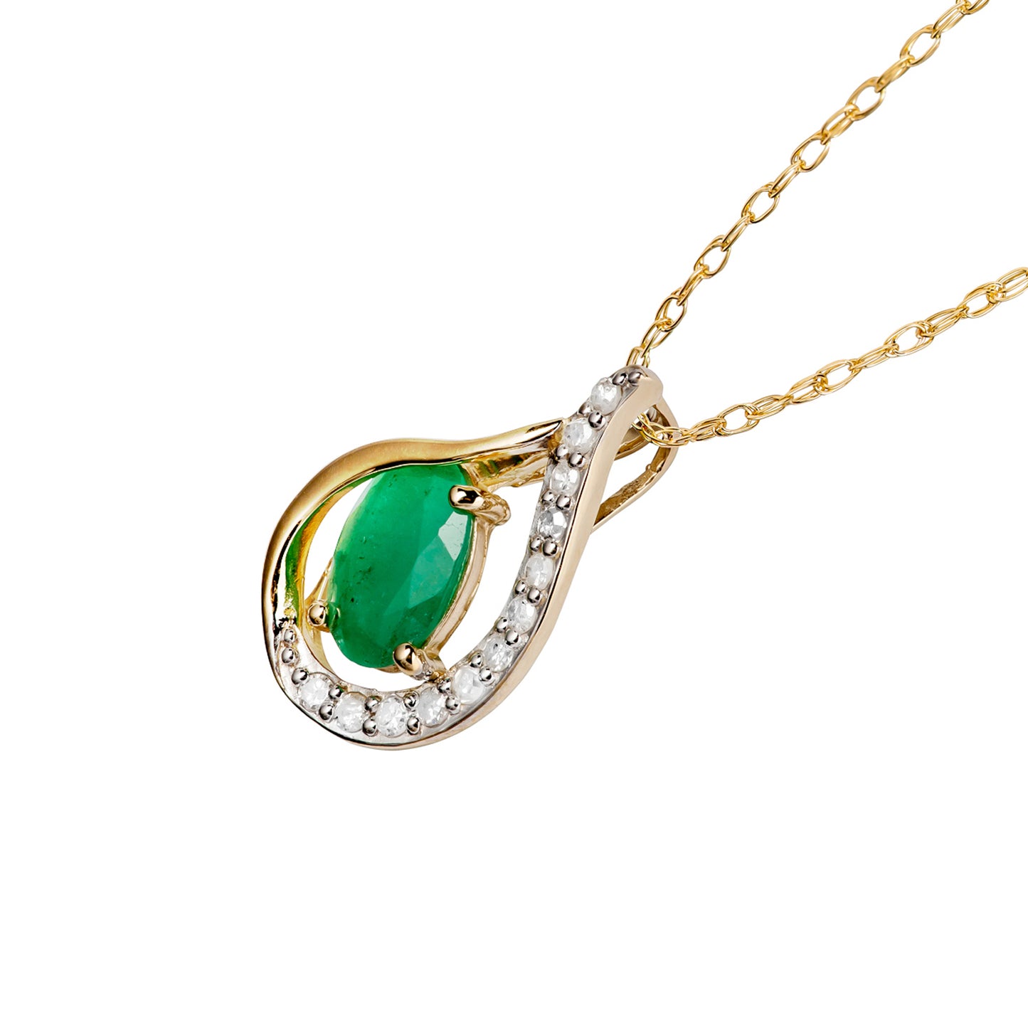 10k Yellow Gold Genuine Oval Emerald and Diamond Halo Drop Pendant Necklace