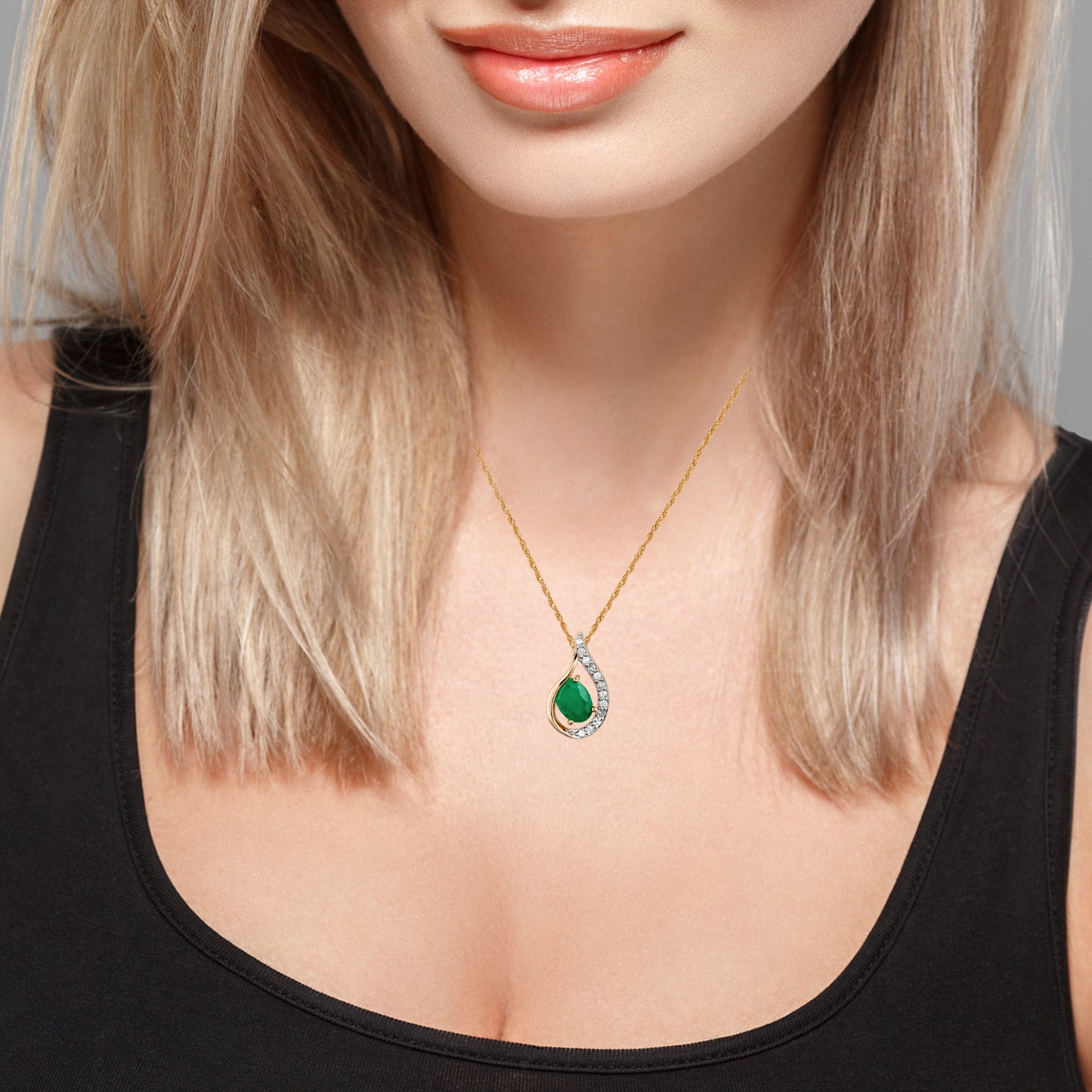 10k Yellow Gold Genuine Oval Emerald and Diamond Halo Drop Pendant Necklace