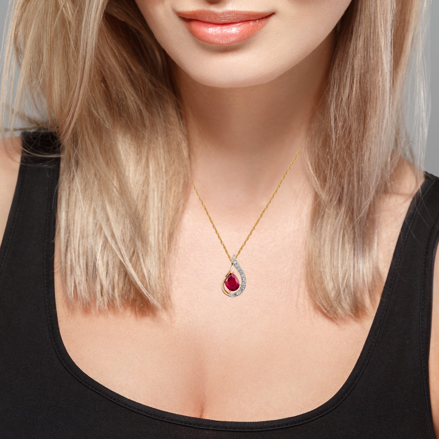 10k Yellow Gold Genuine Oval Ruby and Diamond Halo Drop Pendant Necklace