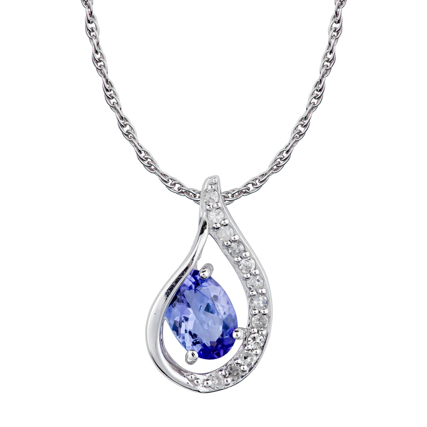 10k White Gold Genuine Oval Tanzanite and Diamond Halo Drop Pendant Necklace