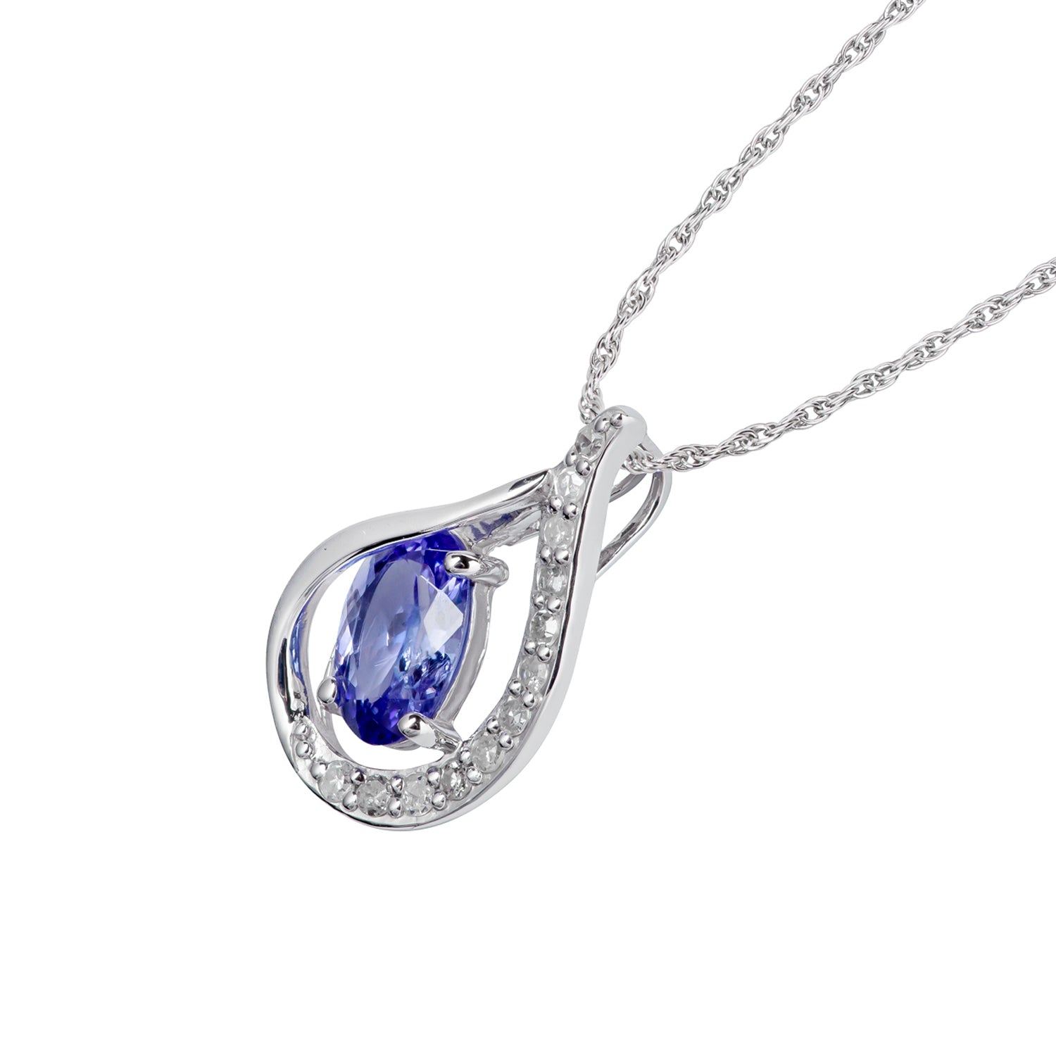 10k White Gold Genuine Oval Tanzanite and Diamond Halo Drop Pendant Necklace