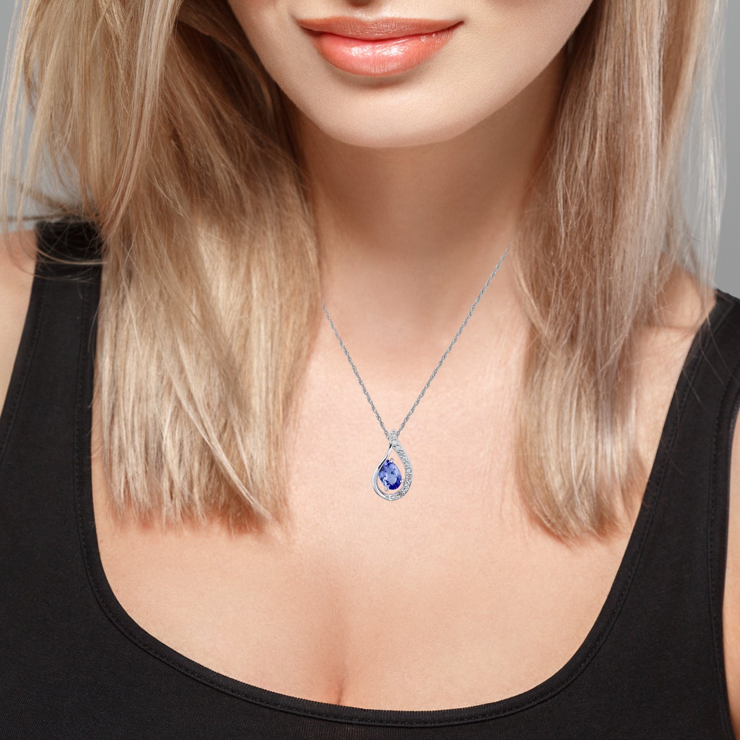 10k White Gold Genuine Oval Tanzanite and Diamond Halo Drop Pendant Necklace