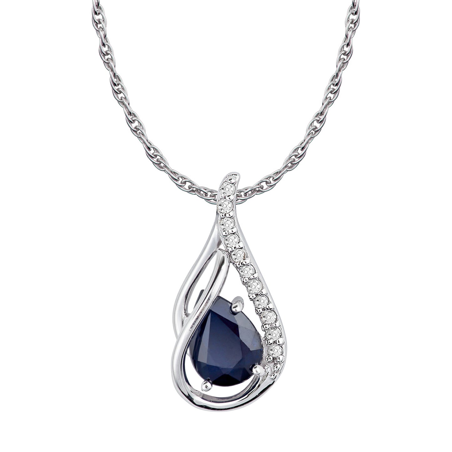 10k White Gold Genuine Pear shape Sapphire and Diamond Halo Drop Pendant Necklace