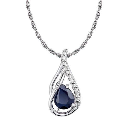 10k White Gold Genuine Pear shape Sapphire and Diamond Halo Drop Pendant Necklace