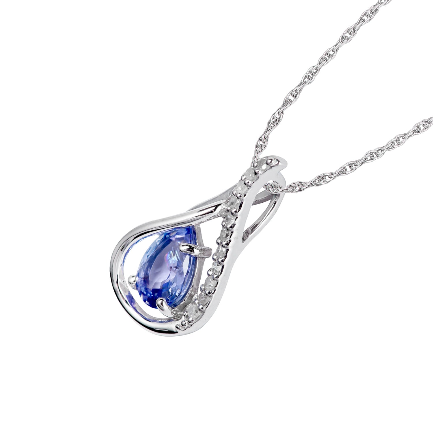 10k White Gold Genuine Pear-shape Tanzanite and Diamond Halo Drop Pendant  Necklace