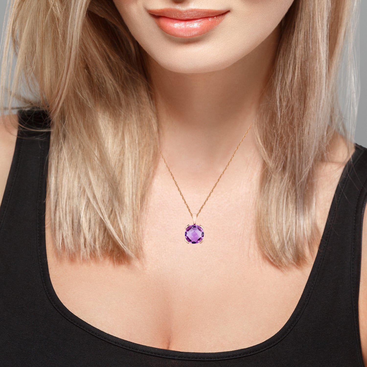 10k Rose Gold Genuine Round Amethyst Pendant Necklace