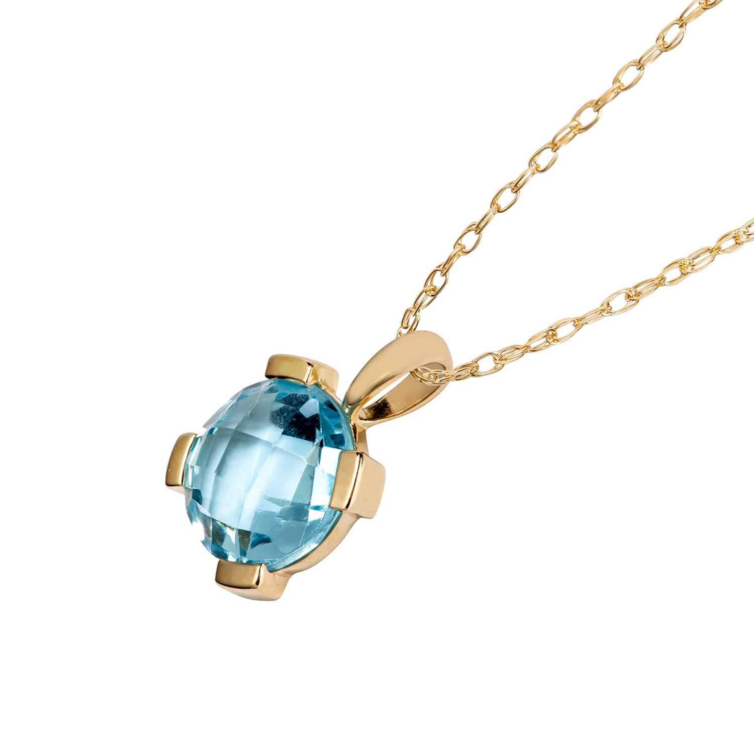 10k Yellow Gold Genuine Round Blue Topaz Pendant Necklace