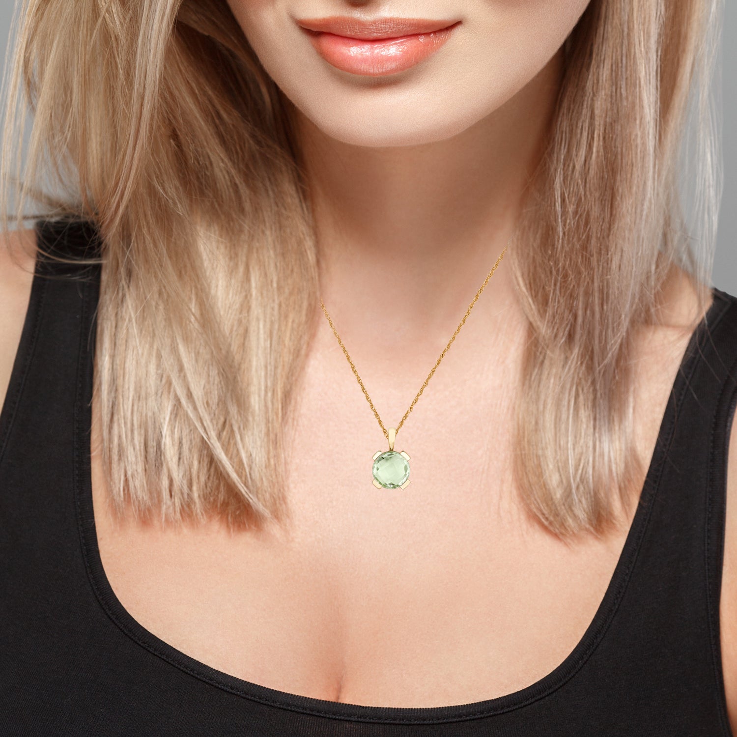 10k Yellow Gold Genuine Round Green Amethyst Pendant Necklace