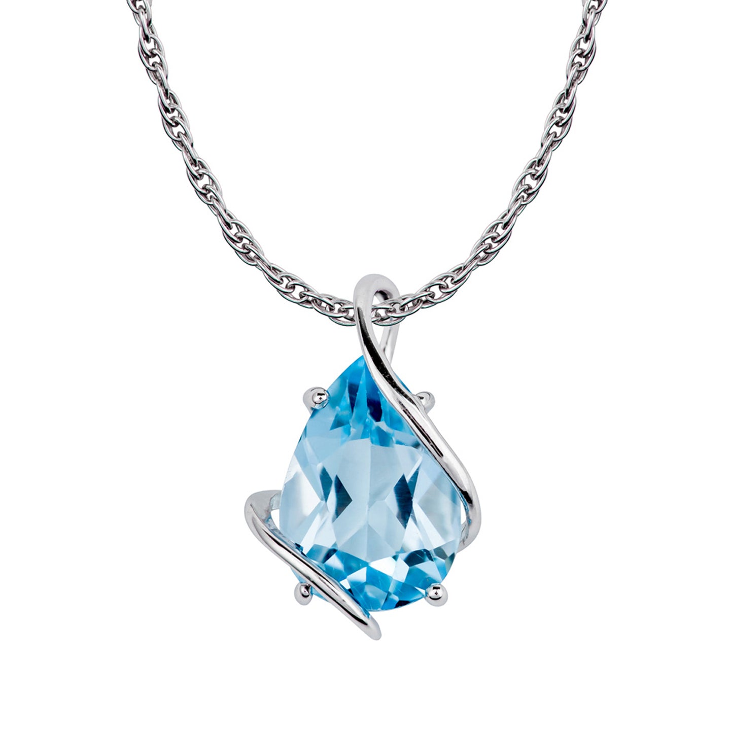 10k White Gold Genuine Pear shape Blue Topaz Teardrop Pendant Necklace