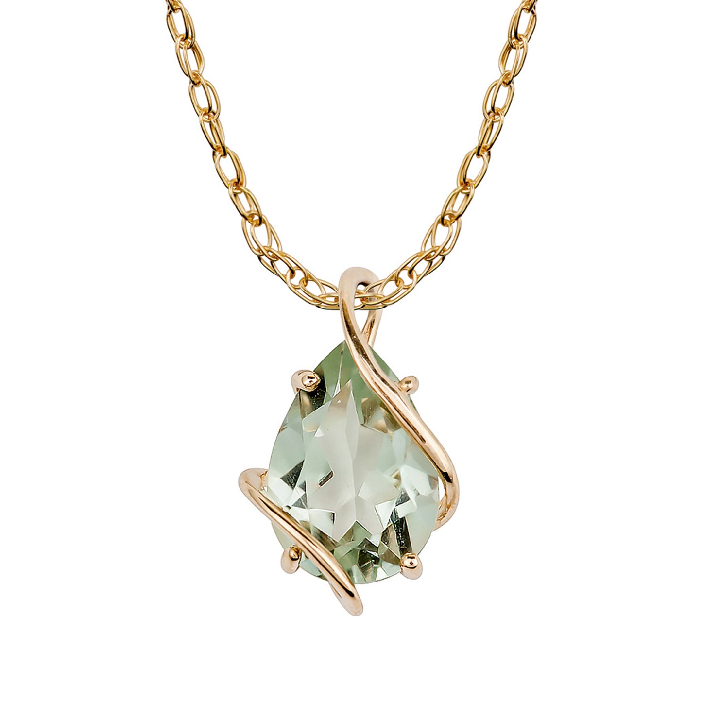 10k Yellow Gold Genuine Pear shape Green Amethyst Teardrop Pendant Necklace