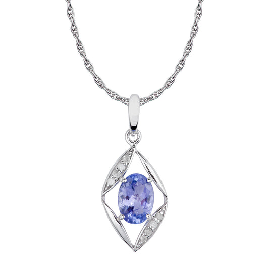 10k White Gold Genuine Oval Tanzanite and Diamond Pendant Necklace1