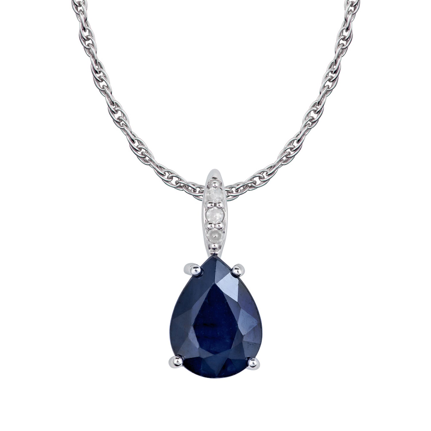 10k White Gold Genuine Pear Shape Sapphire and Diamond Teardrop Pendant Necklace